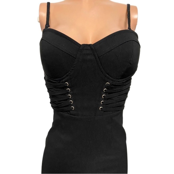 Sexy Black Bodycon bustier Corset style padded cups Stretchy mini cleavage dress - Picture 2 of 6
